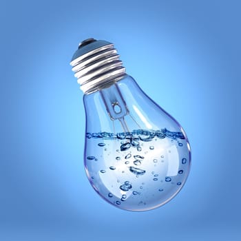 Incandescent light bulb filled with liquid on blue background