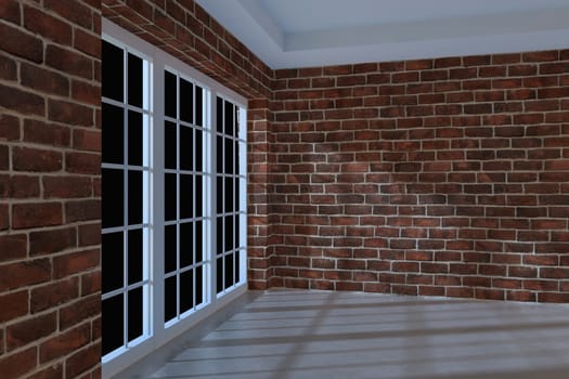Room with a large window at night