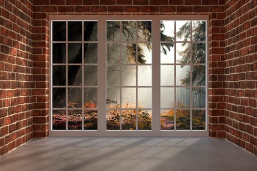 Brick room with a view to the forest