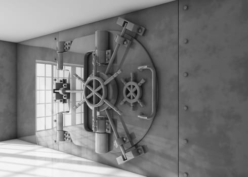 Locked vault door on a bright room