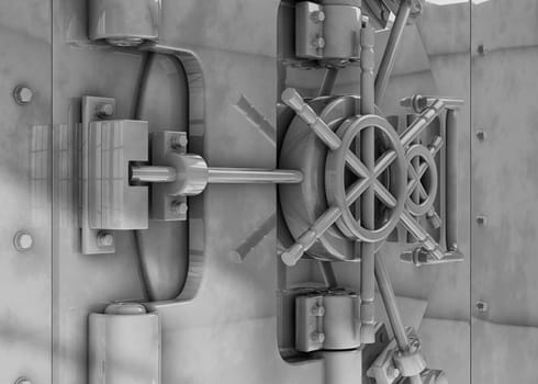 Locked vault door on a bright room