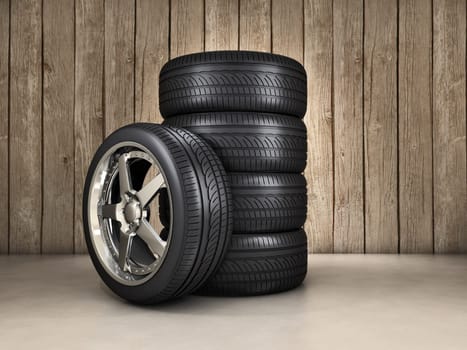 Several tires inside a garage