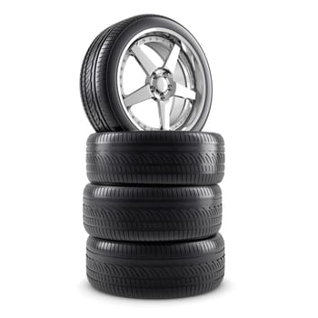 Wheels and tires on white background