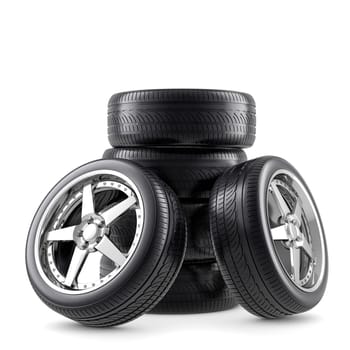 Wheels and tires on white background