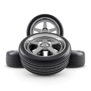 Wheels and tires on white background