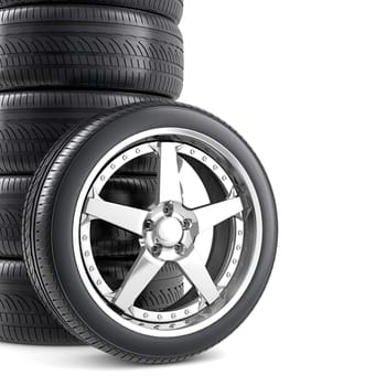 Wheels and tires on white background