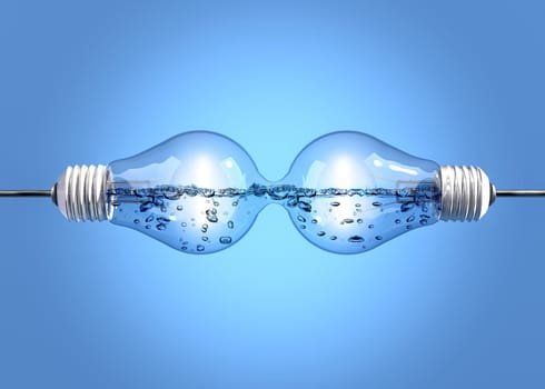 Two incandescent light bulbs filled with liquid and linked together