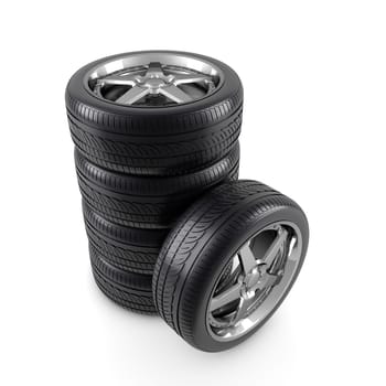 Wheels and tires on white background