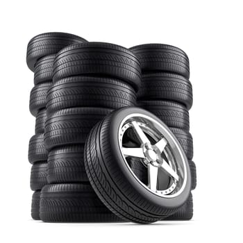Wheels and tires on white background