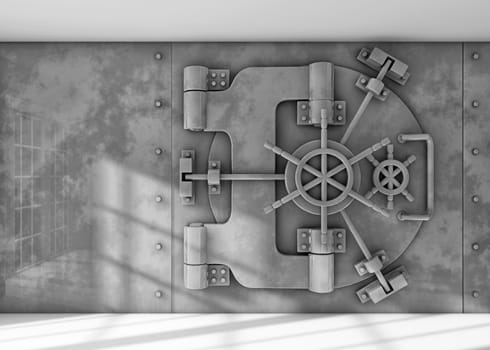 Locked vault door on a bright room