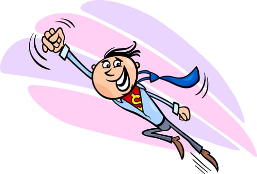 Concept Cartoon Illustration of Happy Man or Businessman as Flying Superhero