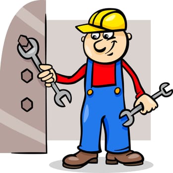 Cartoon Illustration of Man Worker or Workman Screw Down a Bolt with Wrench