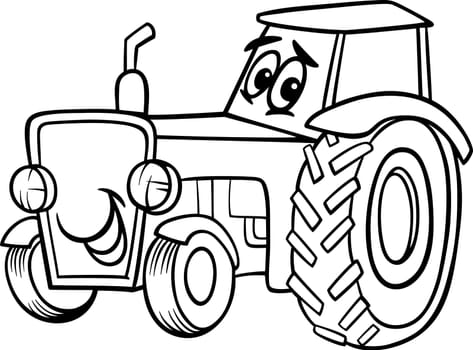 Black and White Cartoon Illustration of Funny Farm Tractor Vehicle Comic Mascot Character for Children to Coloring Book