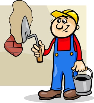 Cartoon Illustration of Man Worker or Workman with Trowel Plaster Brick Wall
