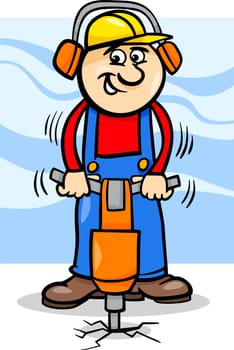 Cartoon Illustration of Man Worker or Workman with Pneumatic Hammer