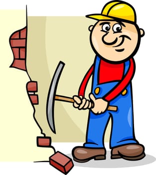 Cartoon Illustration of Man Worker or Workman Demolishing Brick Wall with a Pick Axe