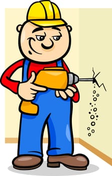 Cartoon Illustration of Man Worker or Workman Drilling with Electric Drill