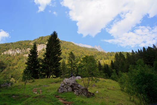 View of Julian Alps in the Slovenian countryside