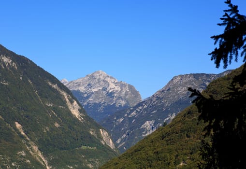 View of Julian Alps in the Slovenian countryside