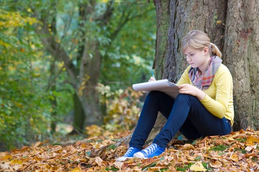 Lovely girl drawing in the park