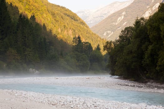 The fog on the Soca river, Slovenian Julian Alps