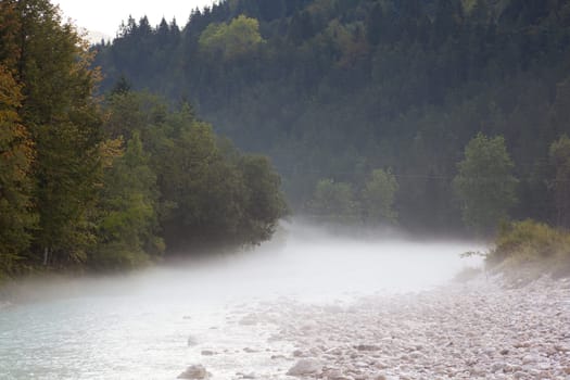 The fog on the Soca river, Slovenian Julian Alps