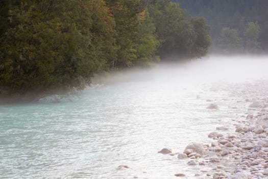 The fog on the Soca river, Slovenian Julian Alps