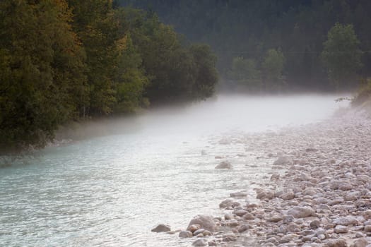 The fog on the Soca river, Slovenian Julian Alps