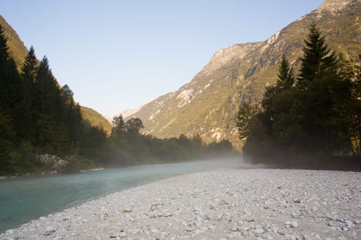 The fog on the Soca river, Slovenian Julian Alps