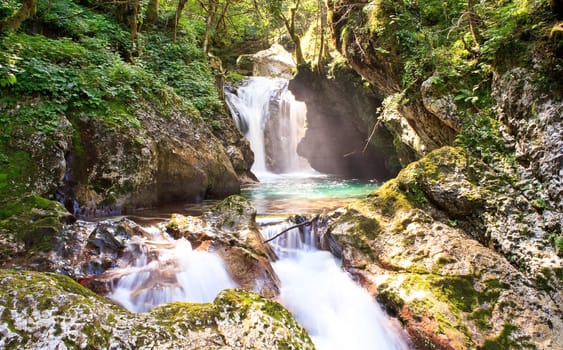 View of Waterfall in the Slovenian Julian Alps