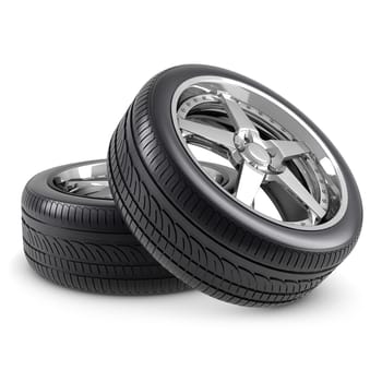 Wheels and tires on white background