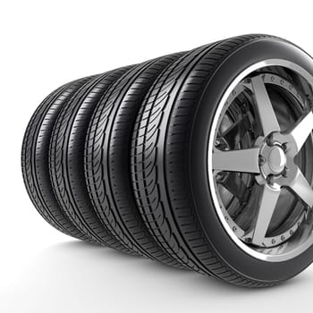 Wheels and tires on white background