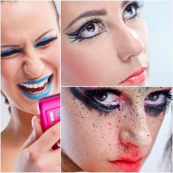 Fashion Beauty collage. Beautiful Woman With hairsyle  and Luxury Makeup isolated on white background in studio. Beautiful Girl Face