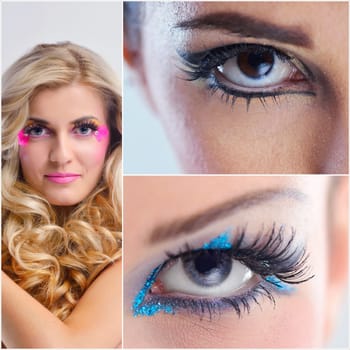 Fashion Beauty collage. Beautiful Woman With hairsyle  and Luxury Makeup isolated on white background in studio. Beautiful Girl Face