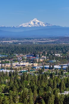 Vertical view of Mount Jefferson and the city of Bend in Central Oregon