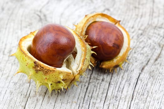 chestnuts on old wooden background