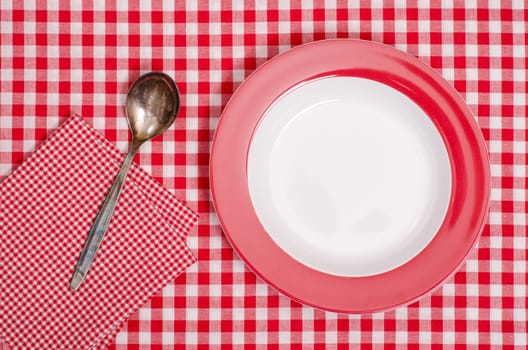Empty tub with spoon and napkin on red and white checkered tablecloth