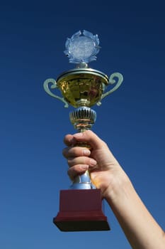 View of a hand holding a trophy cup. Blue sky in the background.