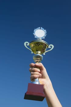 View of a hand holding a trophy cup. Blue sky in the background.