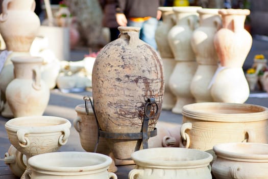 A lot of Clay amphoras in the street