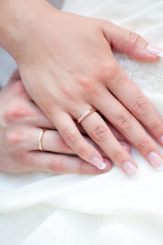 The bride and groom's hands together