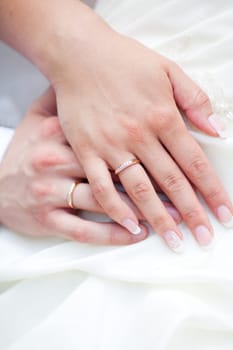 The bride and groom hands together