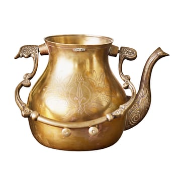 Ancient Indian copper teapot with patterns isolated on white background
