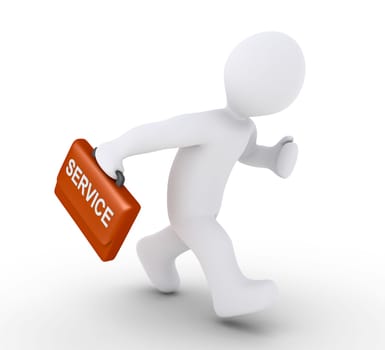 3d person holding a suitcase with SERVICE written on it, is running