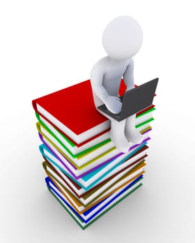 3d person with a laptop is sitting on a pile of books