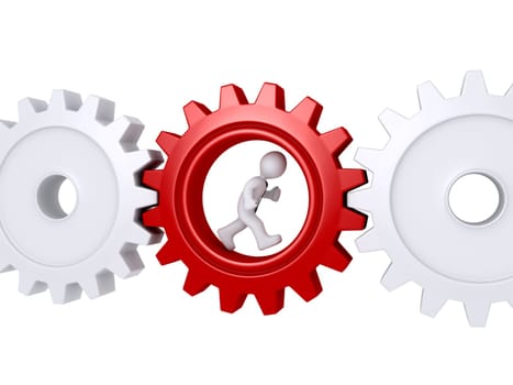 3d worker with tie is running inside of a cogwheel