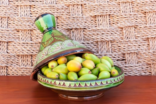 Argan nuts from the Argan tree, that is cultivated for the oil (argan oil) which is found in the fruit. The oil is rich in fatty acids and is used in cooking and cosmetics. The argan tree is an endangered species and is protected by UNESCO (United Nations Educational, Scientific and Cultural Organisation).