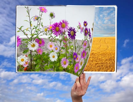 Hand through the book of seasons on cloudy sky