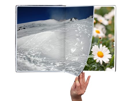 Hand through the book of seasons on white background