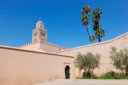 Koutoubia mosque against clear blue sky, Marrakesh.